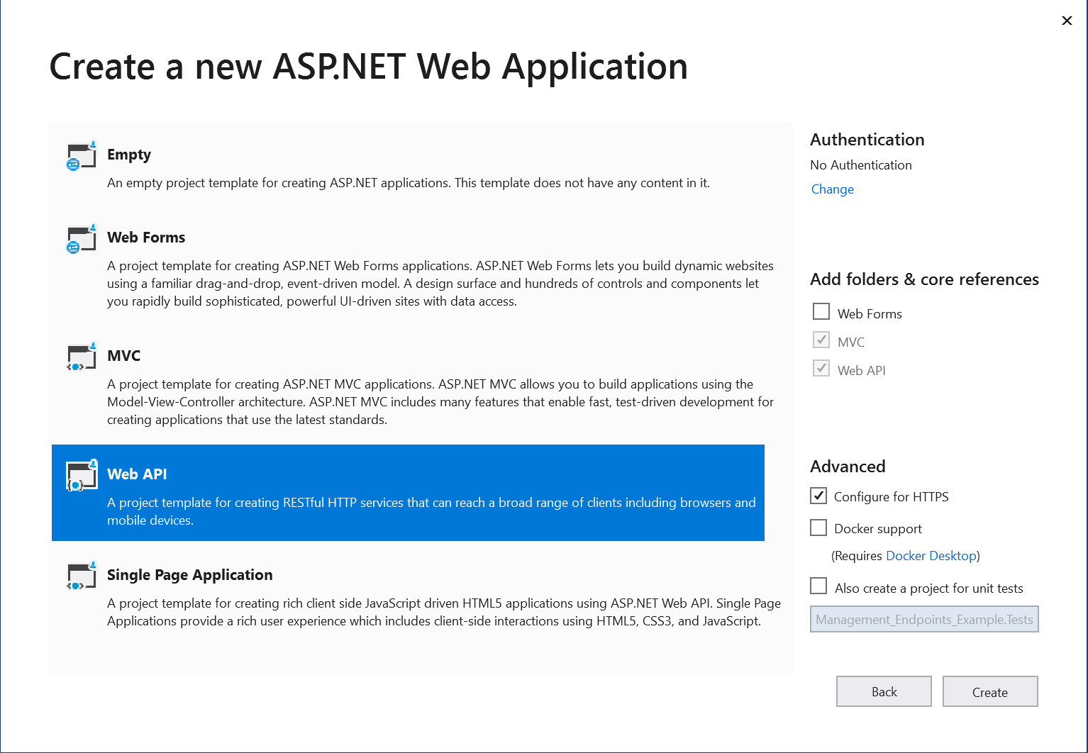 Visual Studio - New Web API